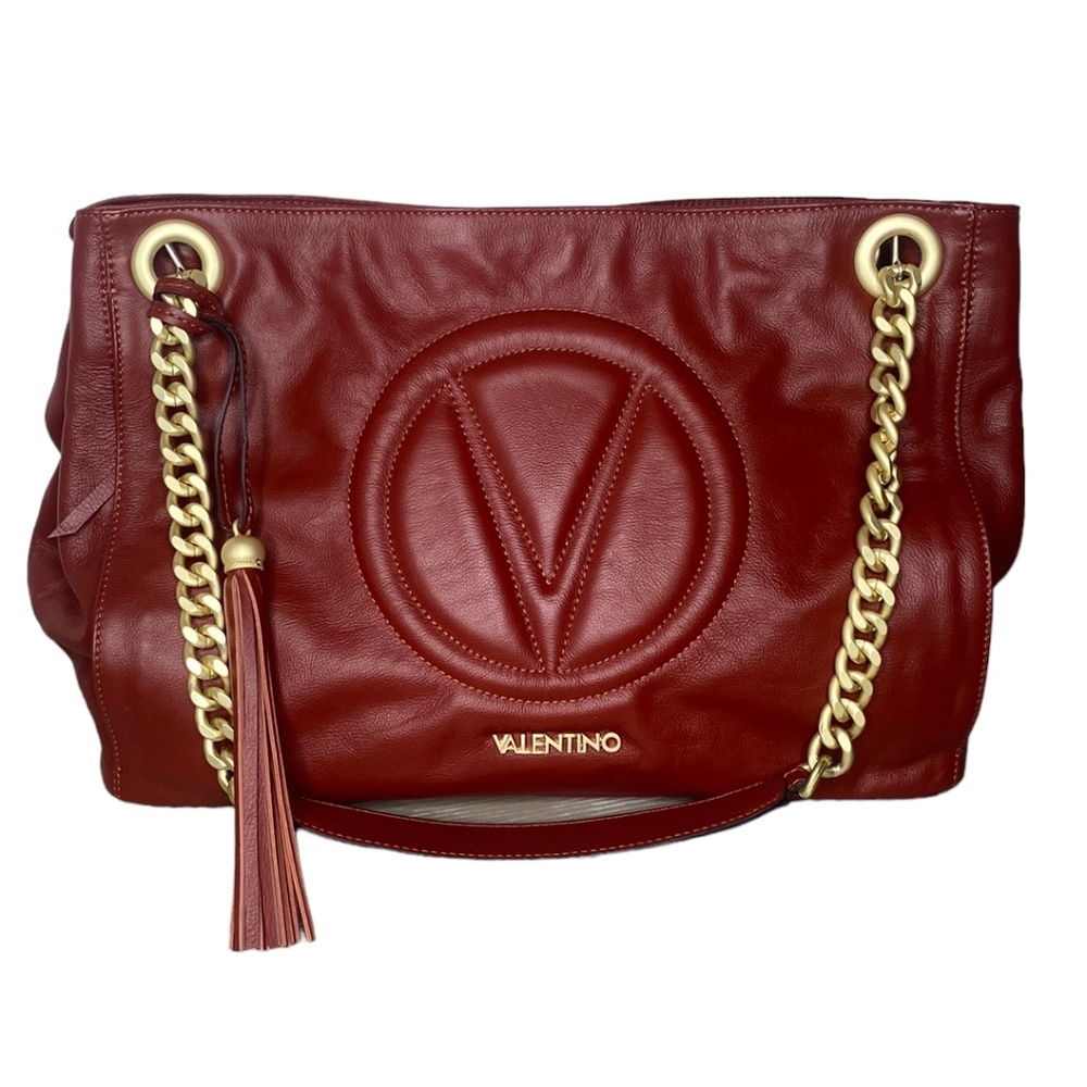 Valentino Italy Verra Signature Maroon Leather Chain/Leather Strap V Front Tote
